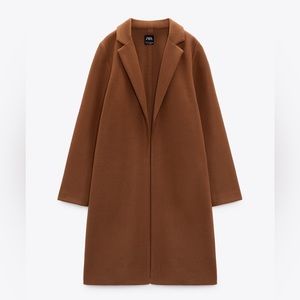 Zara Felt Texture Open Front Coat Camel Size Large